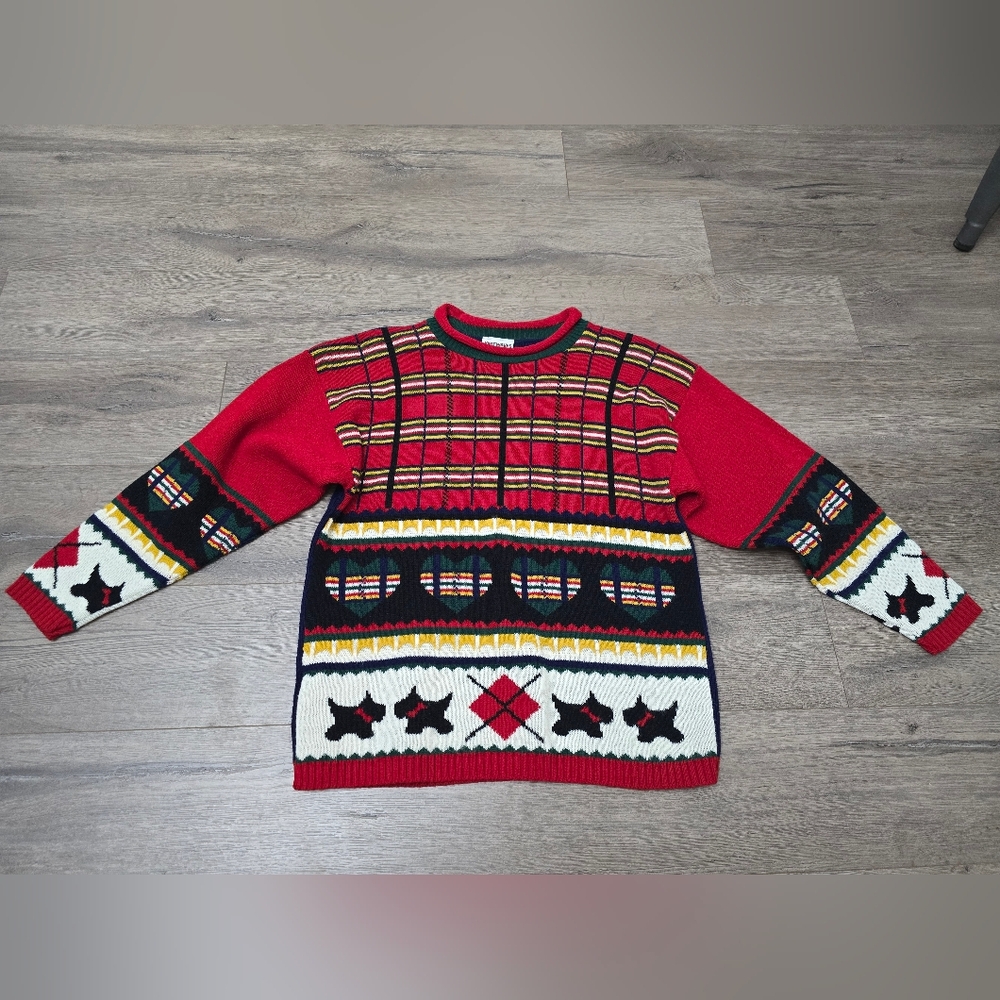 Knitwaves Vintage Rolled Crewneck Sweater Dogs Hearts Stripes AMAZING VIBES